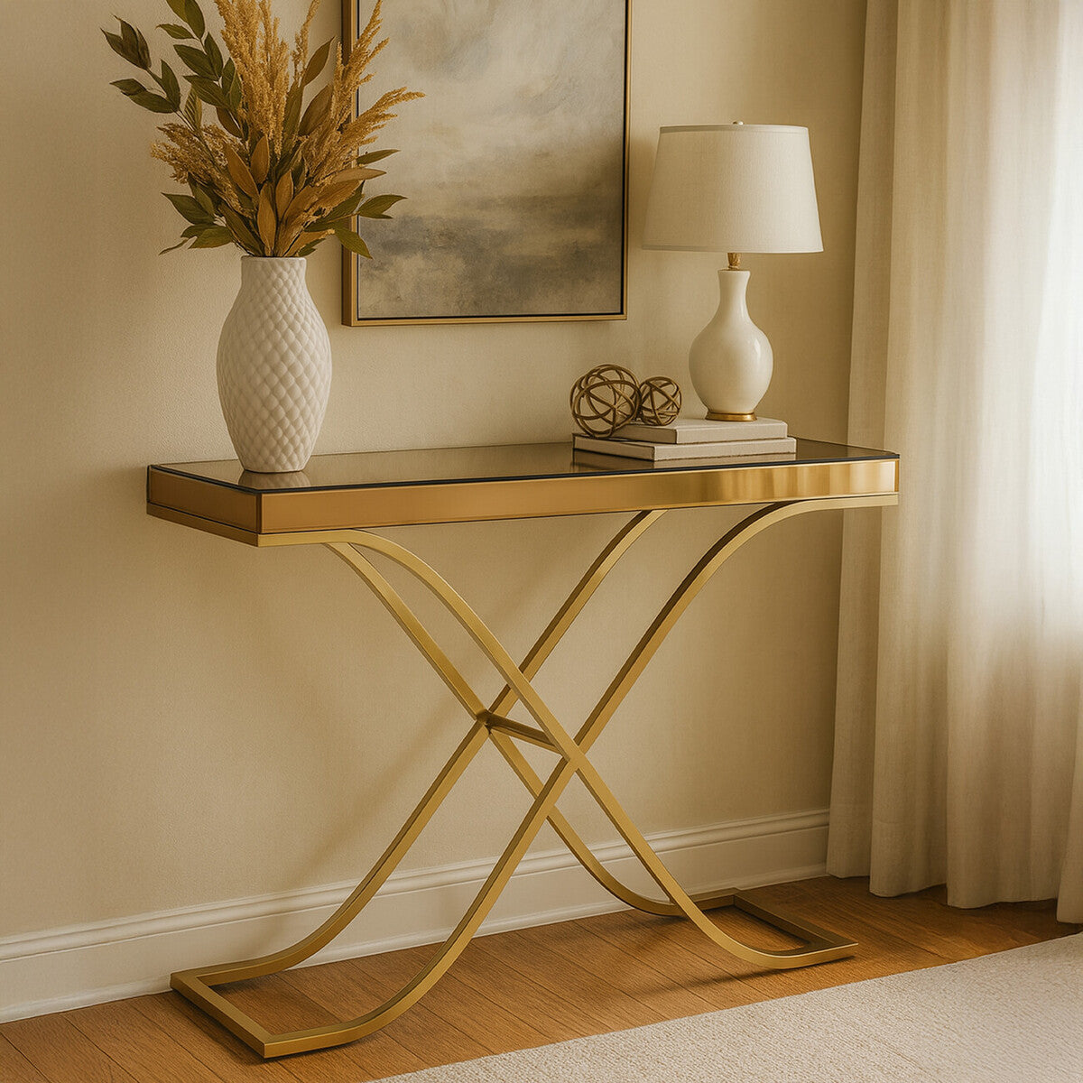 Brown Glass Top Console Table with Gold Iron Frame