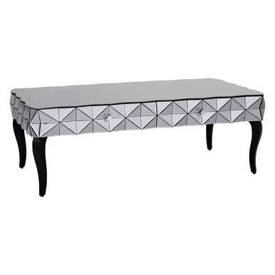 Silver Geometric Coffee Table with Smoked Glass Top and Black Wood Legs