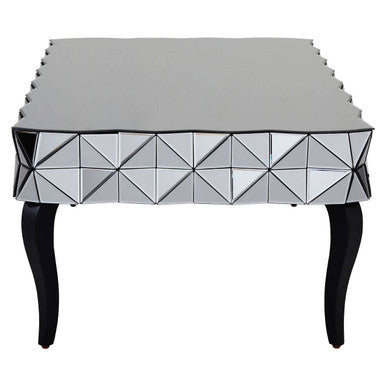 Silver Geometric Coffee Table with Smoked Glass Top and Black Wood Legs