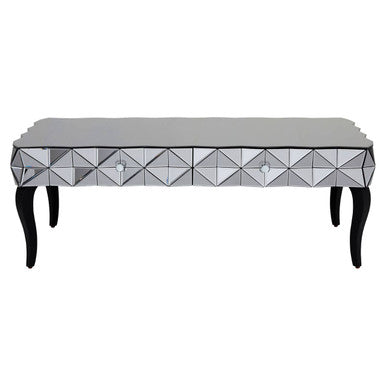 Silver Geometric Coffee Table with Smoked Glass Top and Black Wood Legs