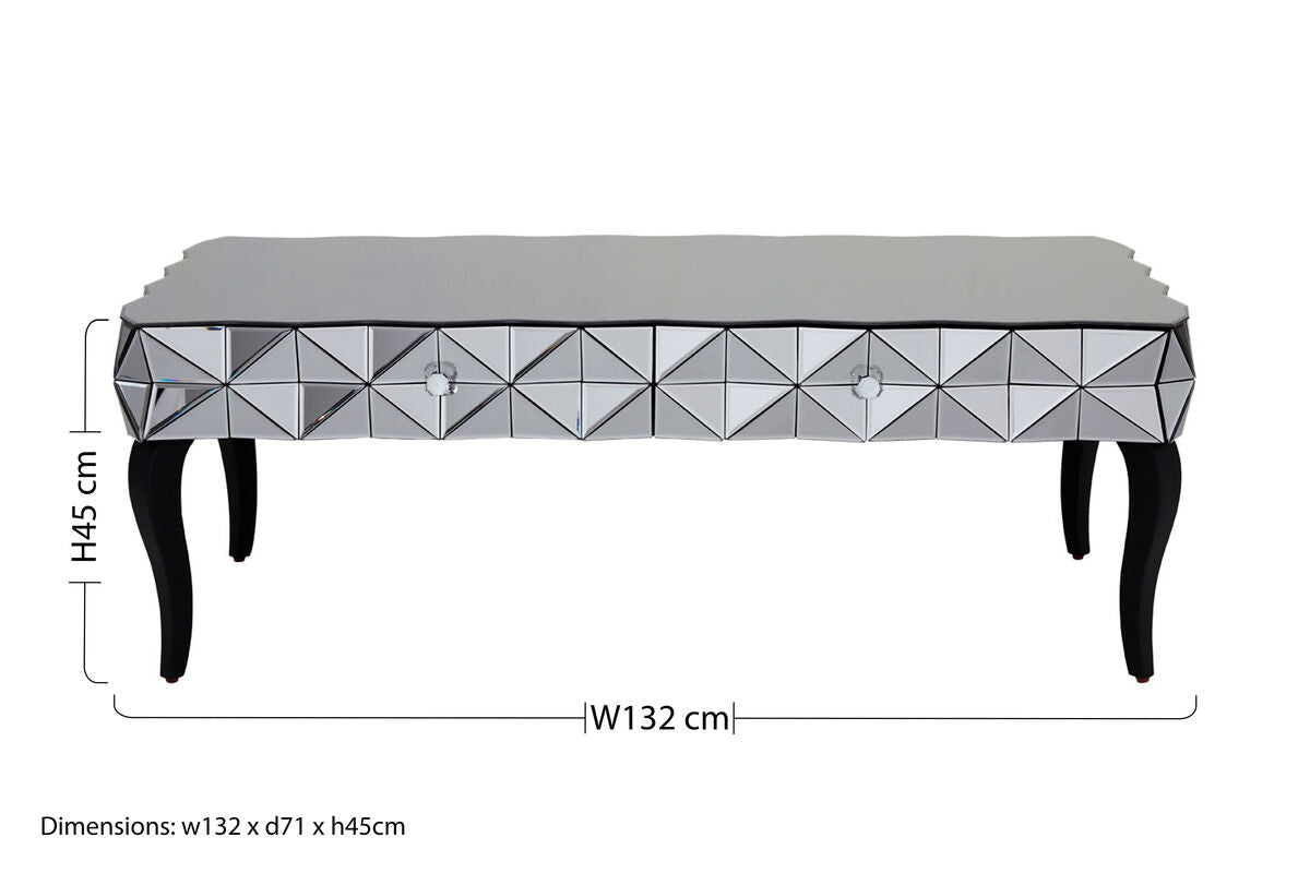 Silver Geometric Coffee Table with Smoked Glass Top and Black Wood Legs
