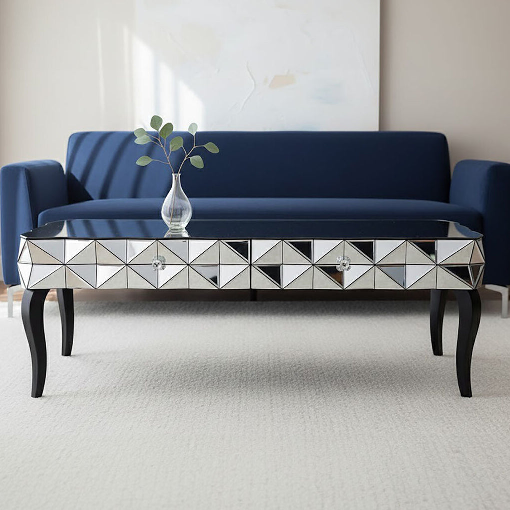 Silver Geometric Coffee Table with Smoked Glass Top and Black Wood Legs