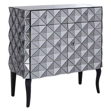 Silver Finish Cabinet with Mirrored Geometric Front