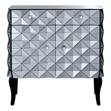 Silver Finish Cabinet with Mirrored Geometric Front