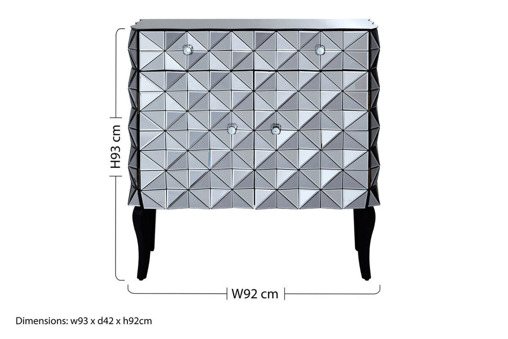Silver Finish Cabinet with Mirrored Geometric Front