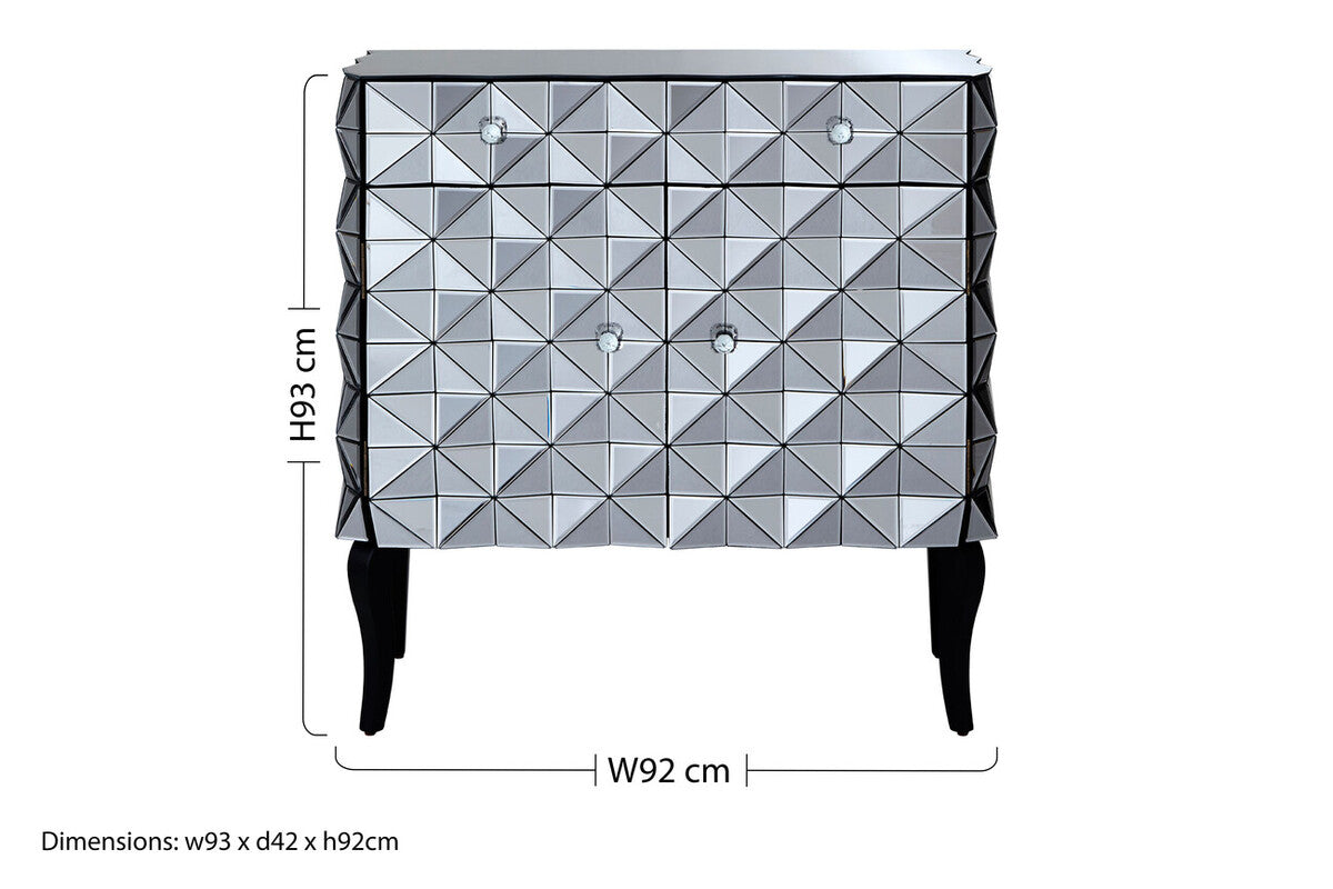 Silver Finish Cabinet with Mirrored Geometric Front