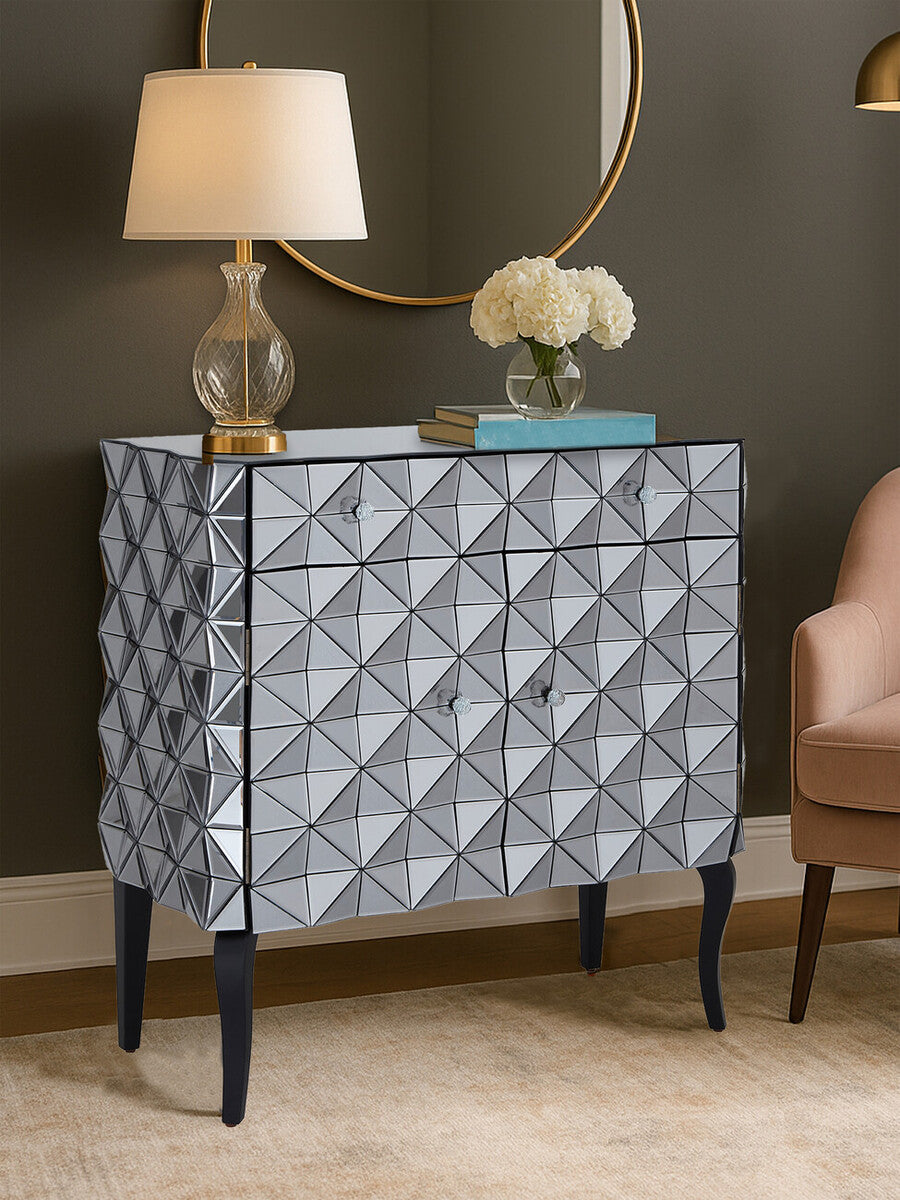 Silver Finish Cabinet with Mirrored Geometric Front