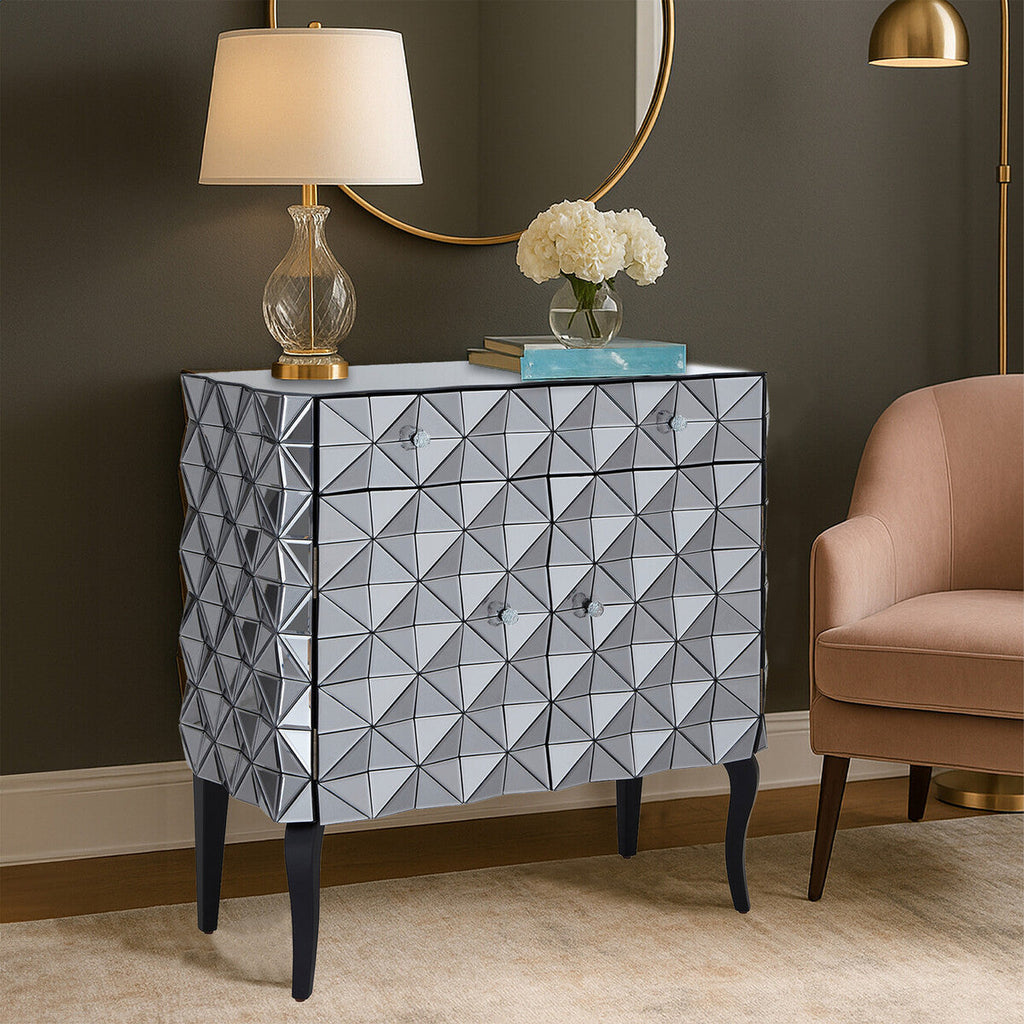 Silver Finish Cabinet with Mirrored Geometric Front