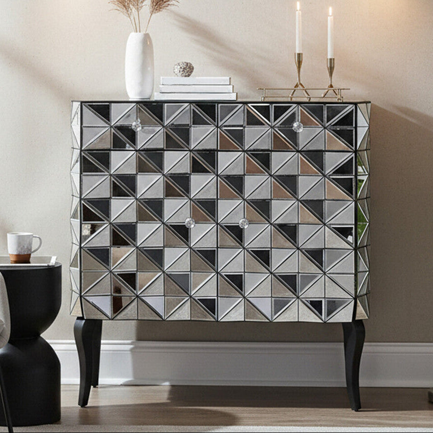 Silver Finish Cabinet with Mirrored Geometric Front