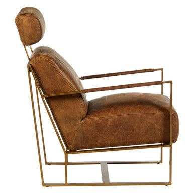 Light Brown Leather Lounge Chair with Iron Frame