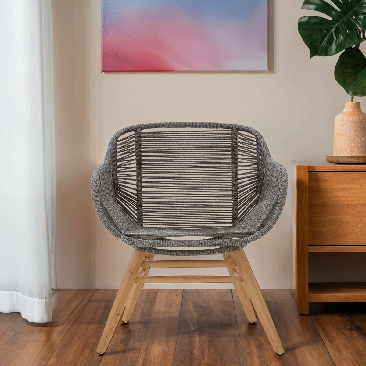 Grey Rope Armchair with Light Wood Legs