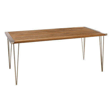 Brown Slatted Teak Wood Dining Table with Nickel Hairpin Legs