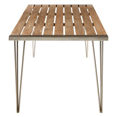 Brown Slatted Teak Wood Dining Table with Nickel Hairpin Legs