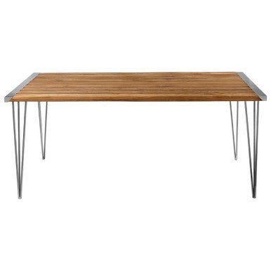 Brown Slatted Teak Wood Dining Table with Nickel Hairpin Legs