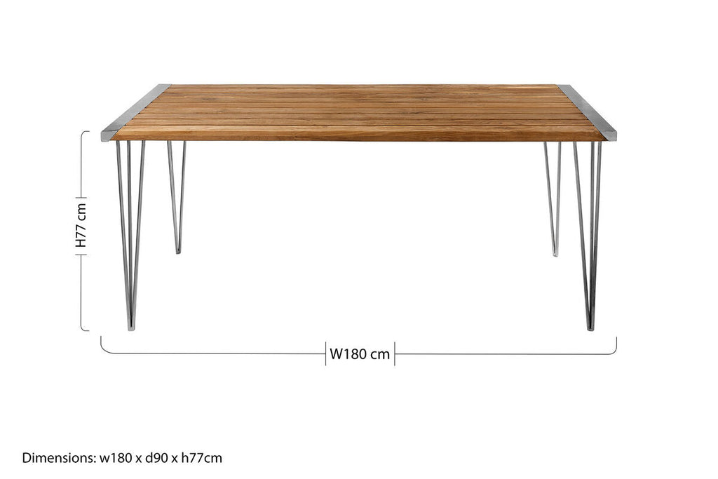 Brown Slatted Teak Wood Dining Table with Nickel Hairpin Legs