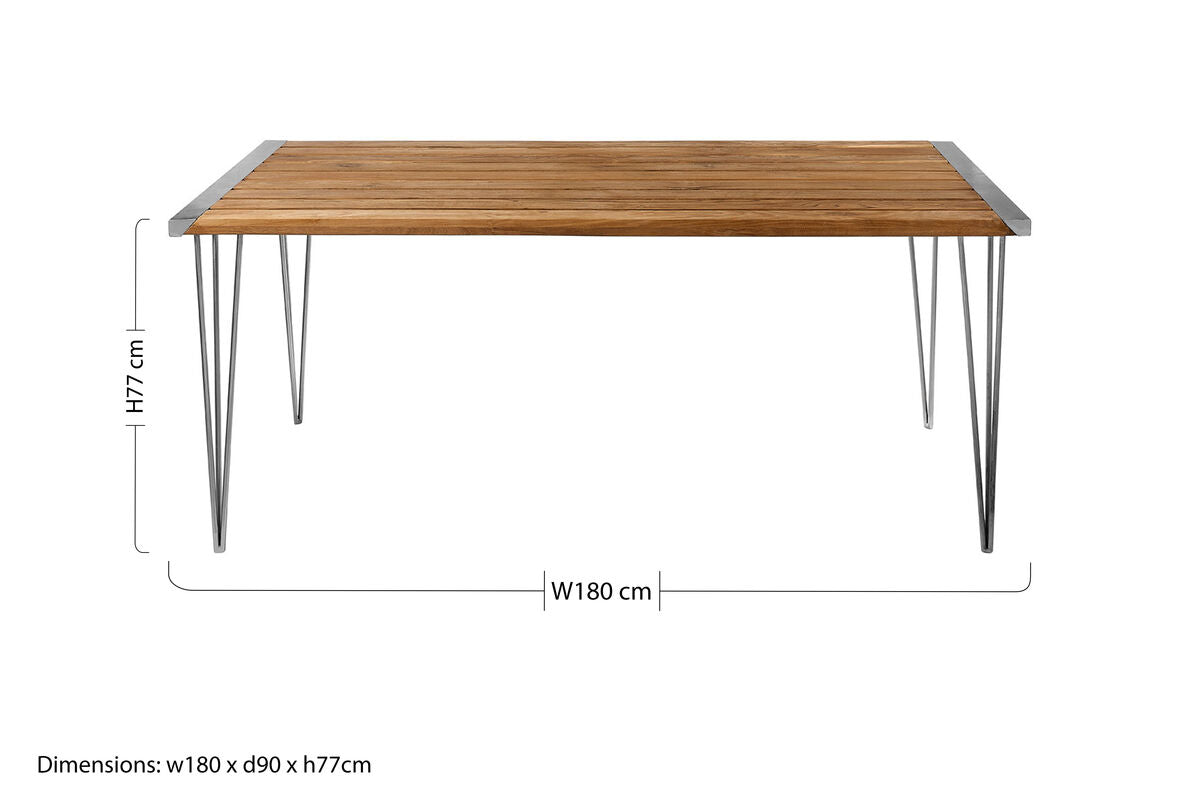 Brown Slatted Teak Wood Dining Table with Nickel Hairpin Legs