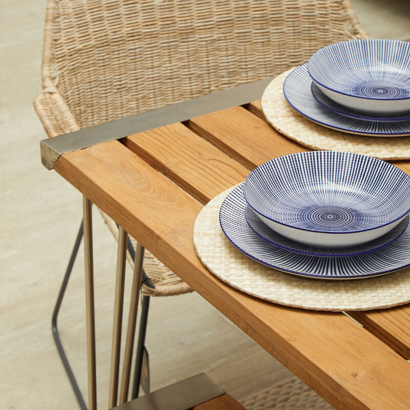 Brown Slatted Teak Wood Dining Table with Nickel Hairpin Legs