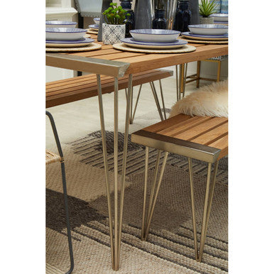 Brown Slatted Teak Wood Dining Table with Nickel Hairpin Legs