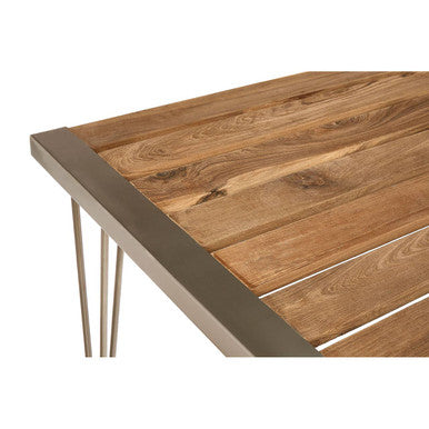 Brown Slatted Teak Wood Dining Table with Nickel Hairpin Legs