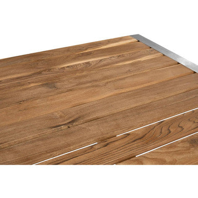 Brown Slatted Teak Wood Dining Table with Nickel Hairpin Legs