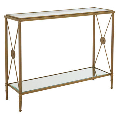 Gold Antique Console Table with Cross Design and Glass Shelves