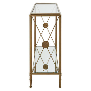 Gold Antique Console Table with Cross Design and Glass Shelves