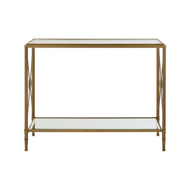 Gold Antique Console Table with Cross Design and Glass Shelves