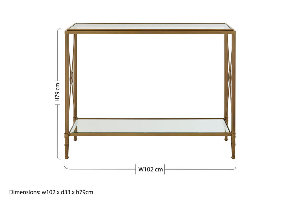 Gold Antique Console Table with Cross Design and Glass Shelves