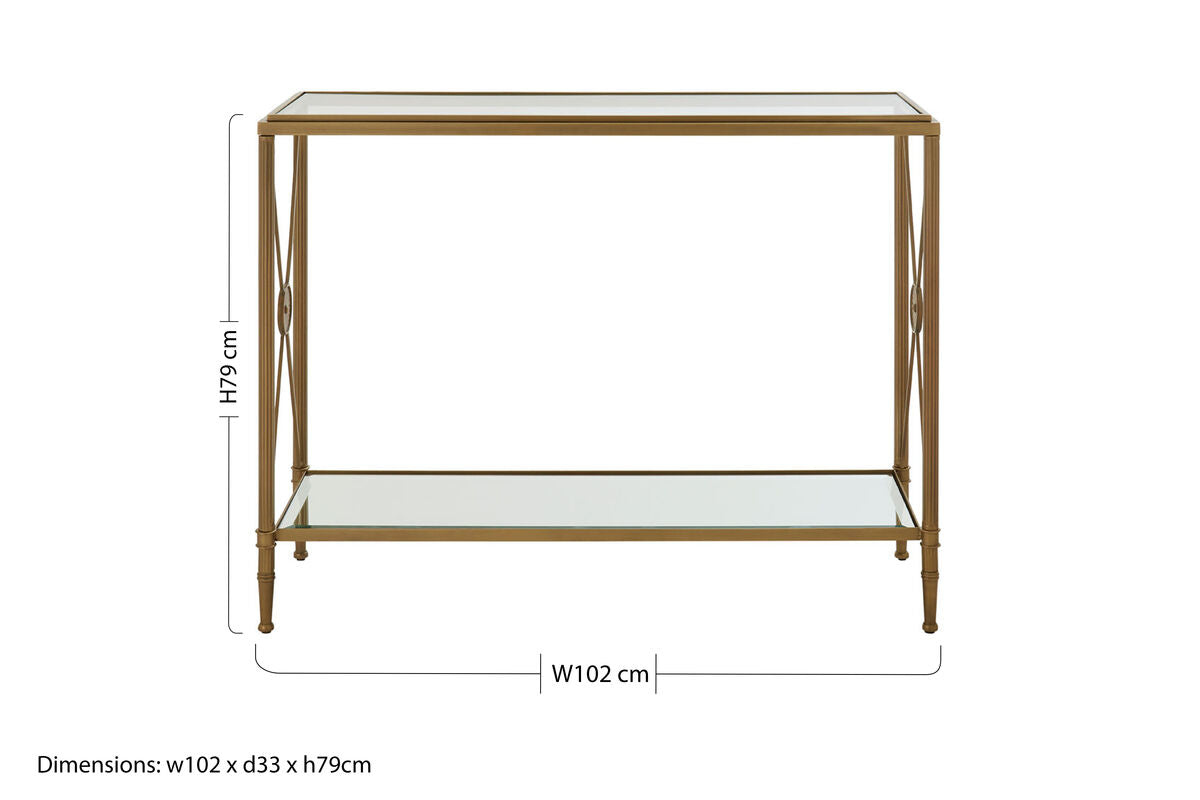 Gold Antique Console Table with Cross Design and Glass Shelves