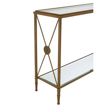 Gold Antique Console Table with Cross Design and Glass Shelves