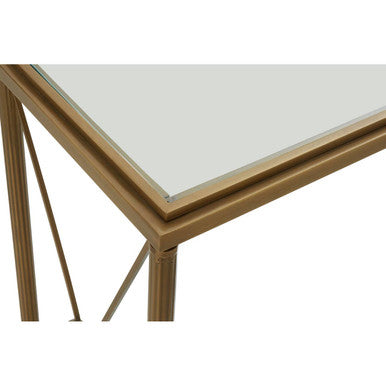 Gold Antique Console Table with Cross Design and Glass Shelves