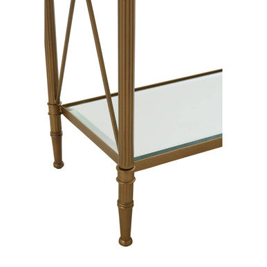 Gold Antique Console Table with Cross Design and Glass Shelves
