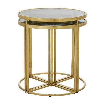 Black Tinted Glass Top 5 Piece Nesting Tables with Gold Finish Frames