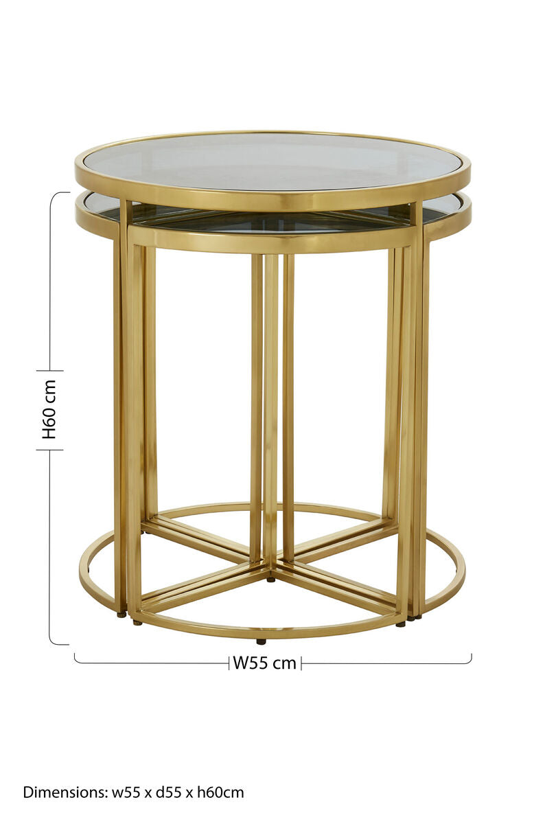 Black Tinted Glass Top 5 Piece Nesting Tables with Gold Finish Frames