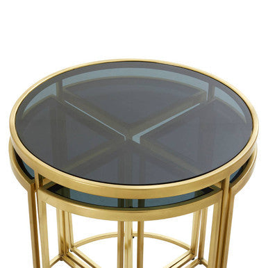 Black Tinted Glass Top 5 Piece Nesting Tables with Gold Finish Frames