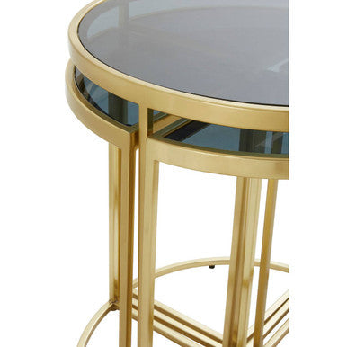 Black Tinted Glass Top 5 Piece Nesting Tables with Gold Finish Frames