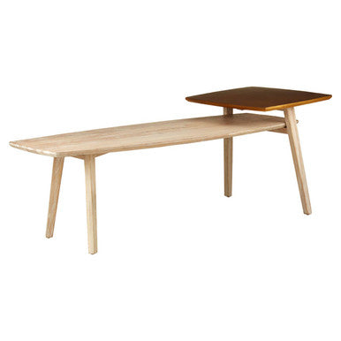 Solid Elm Wood Two Tier Coffee Table in Light Grey with Gold Accents