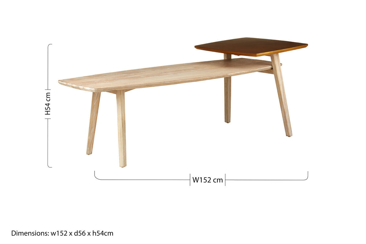 Solid Elm Wood Two Tier Coffee Table in Light Grey with Gold Accents