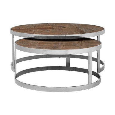 Brown Parquet Elm Wood Nest of 2 Tables with Stainless Steel Frames