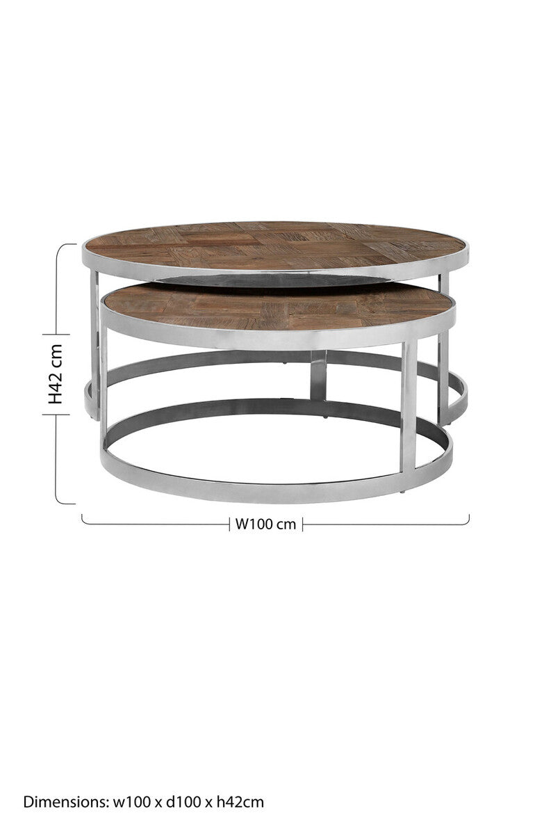 Brown Parquet Elm Wood Nest of 2 Tables with Stainless Steel Frames