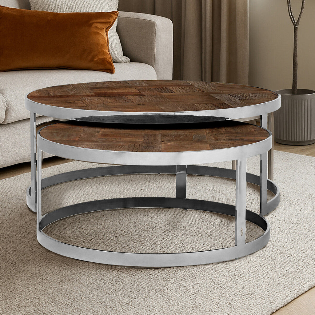 Brown Parquet Elm Wood Nest of 2 Tables with Stainless Steel Frames