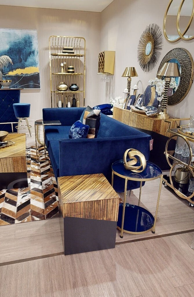 Dark Blue Sofa with Curved Back and Acrylic Legs