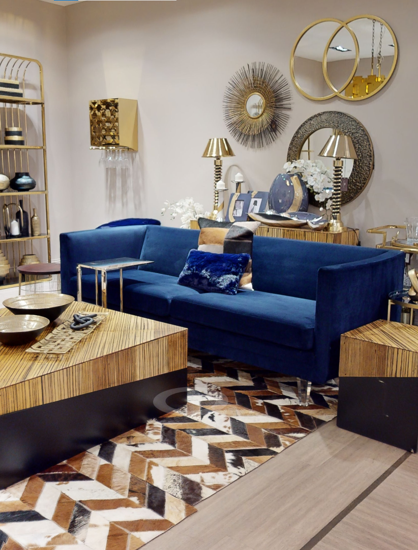 Dark Blue Sofa with Curved Back and Acrylic Legs