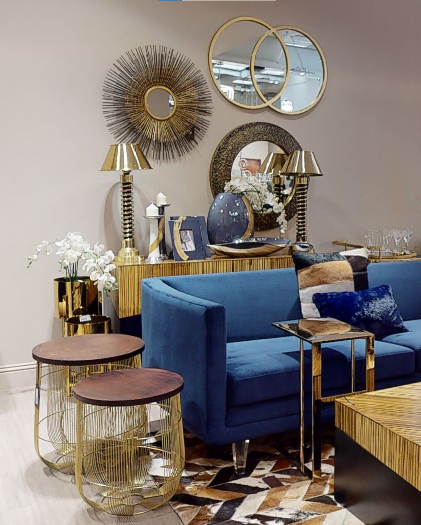 Dark Blue Sofa with Curved Back and Acrylic Legs