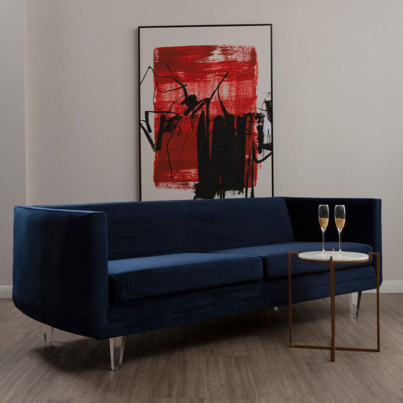 Dark Blue Sofa with Curved Back and Acrylic Legs