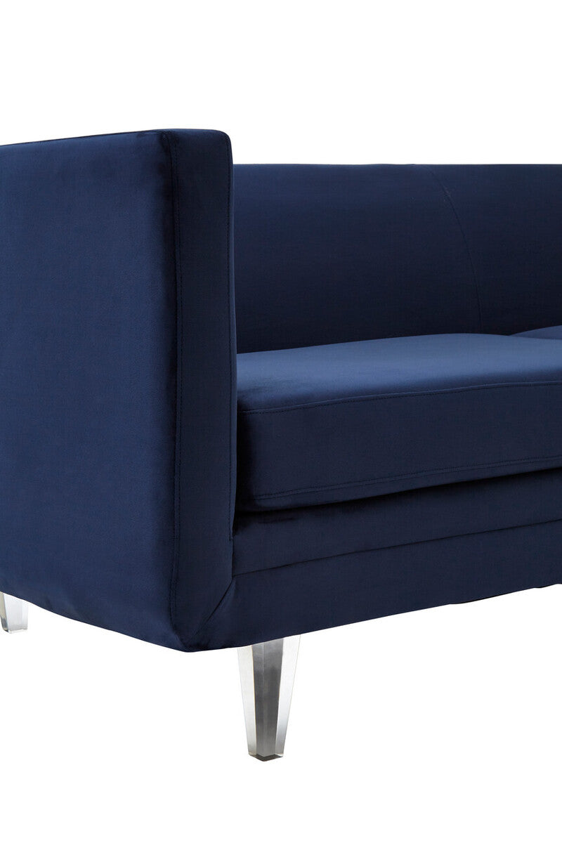 Dark Blue Sofa with Curved Back and Acrylic Legs