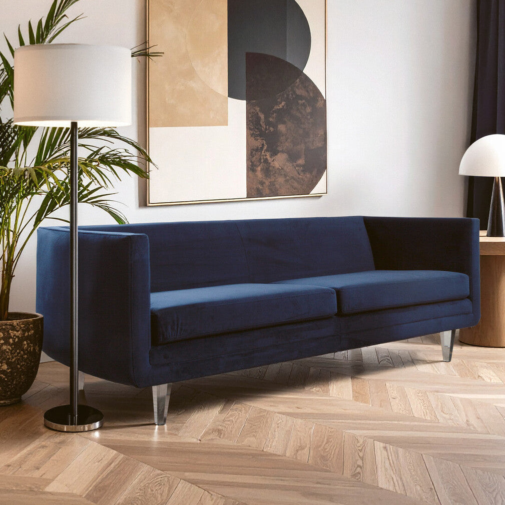 Dark Blue Sofa with Curved Back and Acrylic Legs