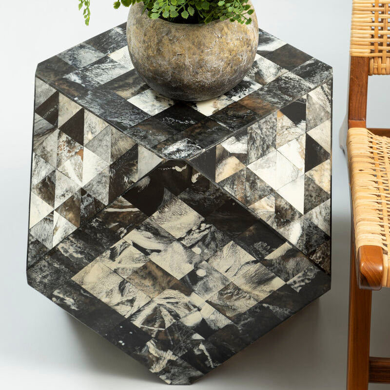 Green and Cream Resin Tile Geometric Side Table with Hexagonal Design