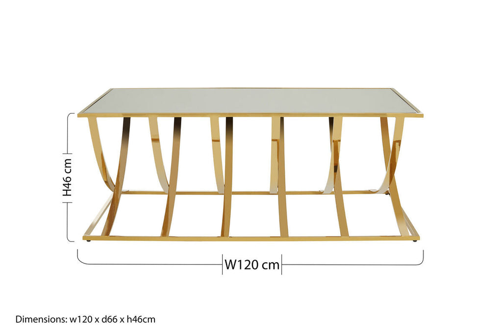 Mirrored Glass Top Coffee Table with Gold Finish Stainless Steel Frame