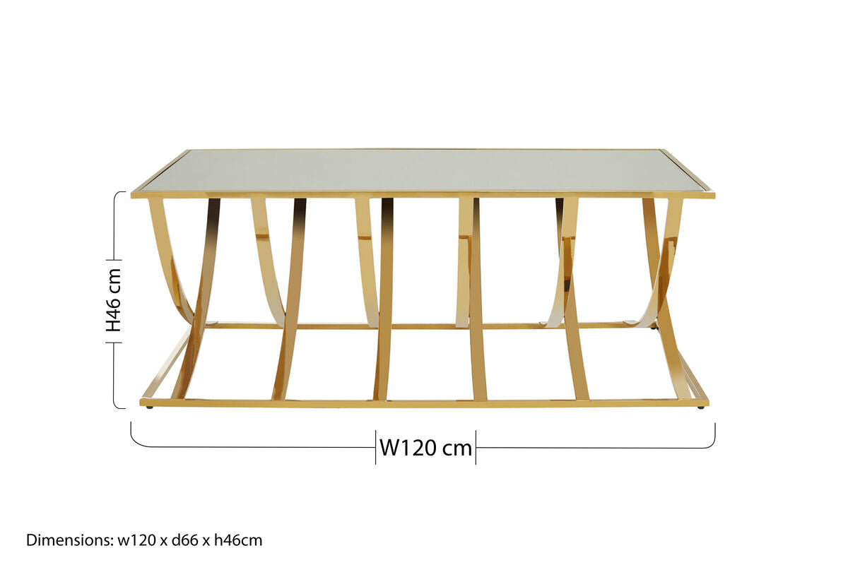 Mirrored Glass Top Coffee Table with Gold Finish Stainless Steel Frame
